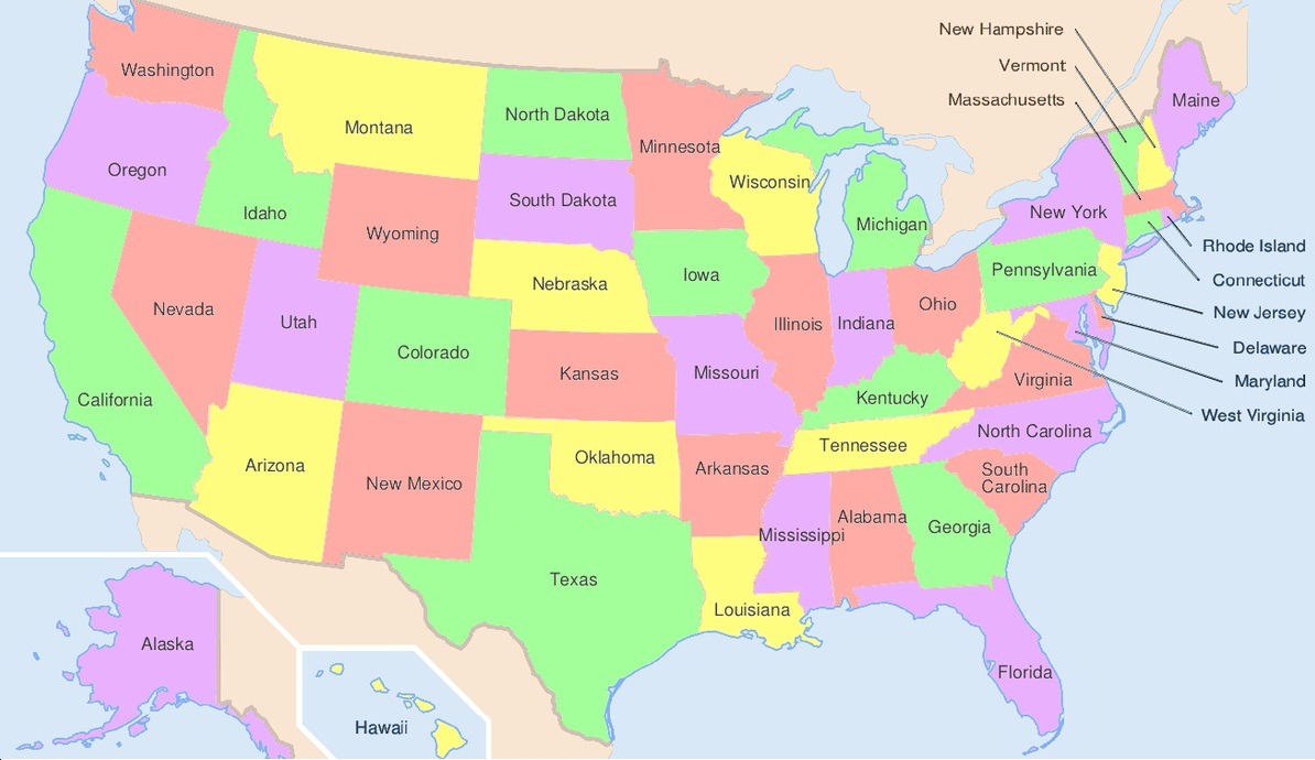 usa map with state names and capitals